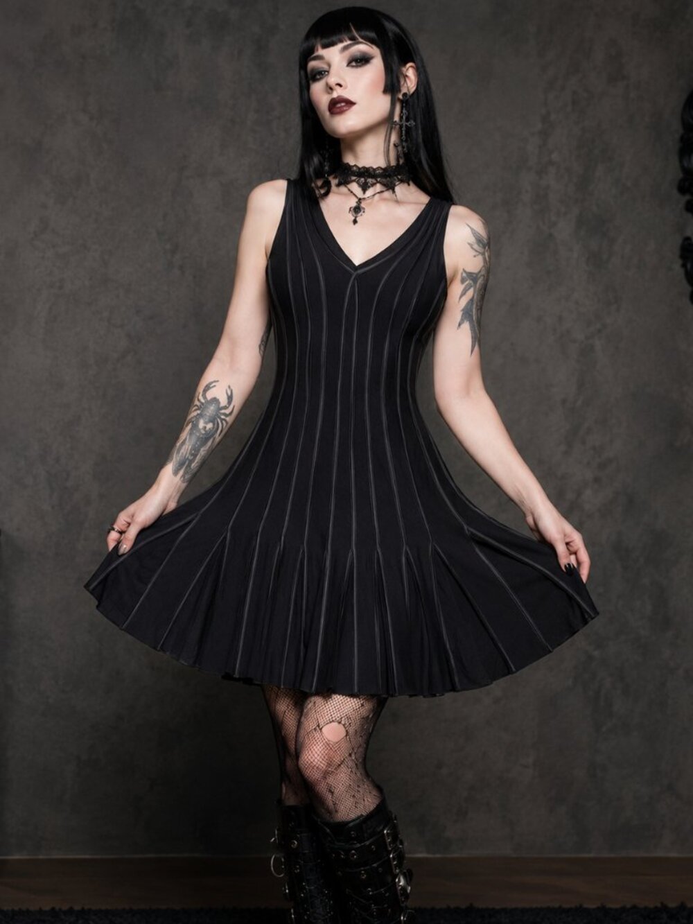 Black Whimsi Goth Vamp Dress Pleated Mesh Ribbon Piping Bodice Midi Fit Flare Sm